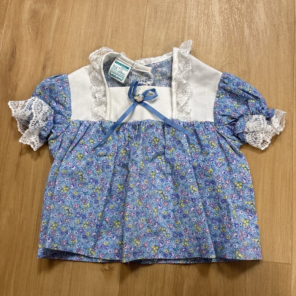 Vintage Toddle Time Girls Dress 18 Months Blue Floral Lace Collar